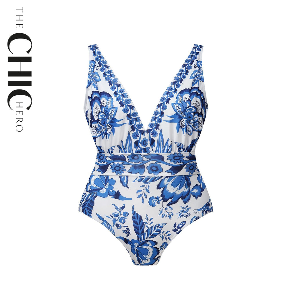 Chic Indigo Botanical Print One-Piece Swimsuit