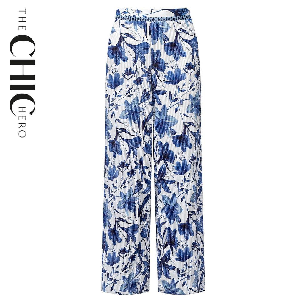 Boho Breeze Blue Floral Wide-Leg Trousers Palazzo Pants CORE(0XL-XL)