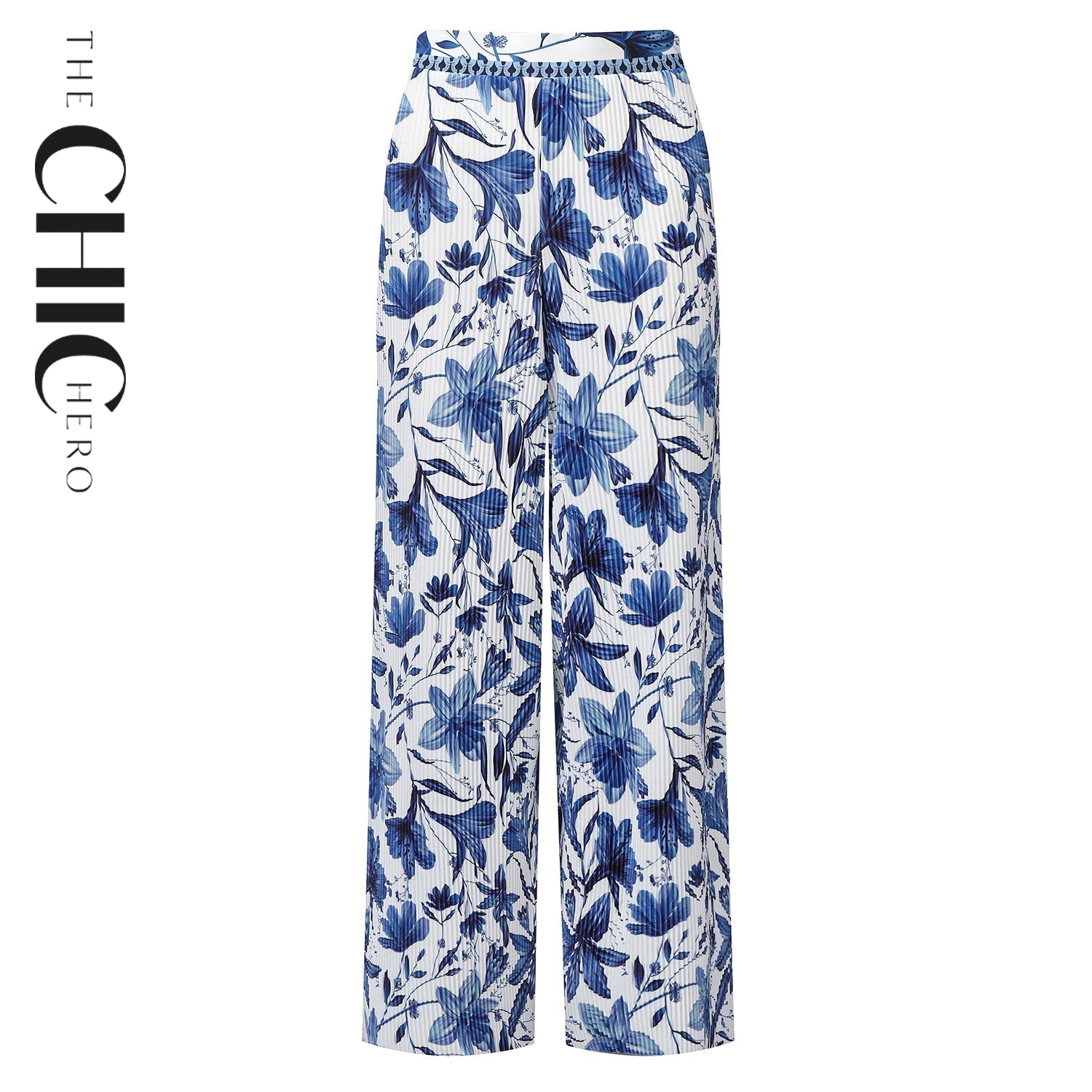 Boho Breeze Blue Floral Wide-Leg Trousers Palazzo Pants XPLUS(4XL-5XL)