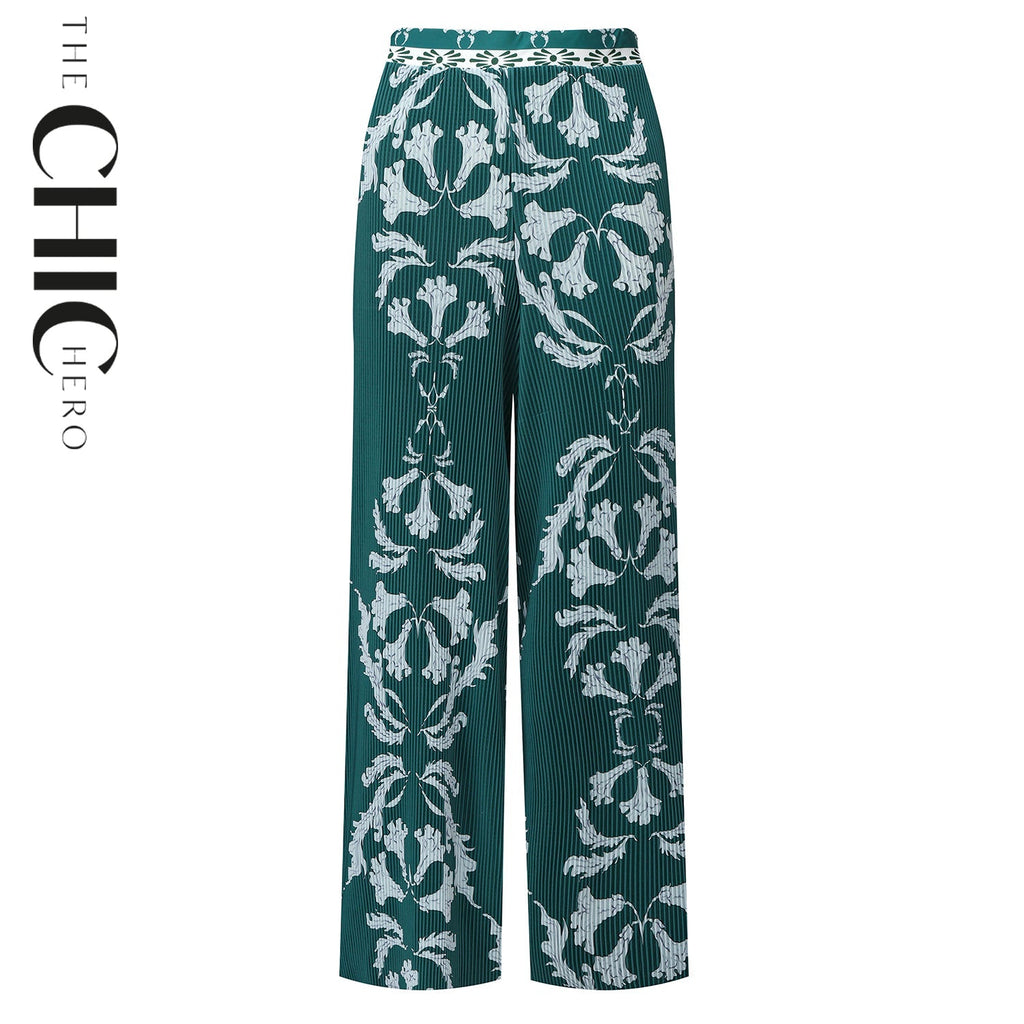 Green Flowy High-Waisted Floral Palazzo Pants Wide-Leg Trousers