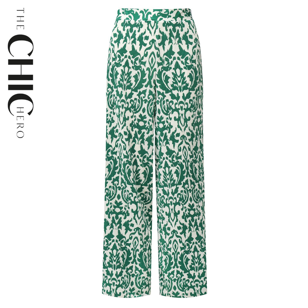 Green Boho Breeze Floral Palazzo Pants Wide-Leg Trousers