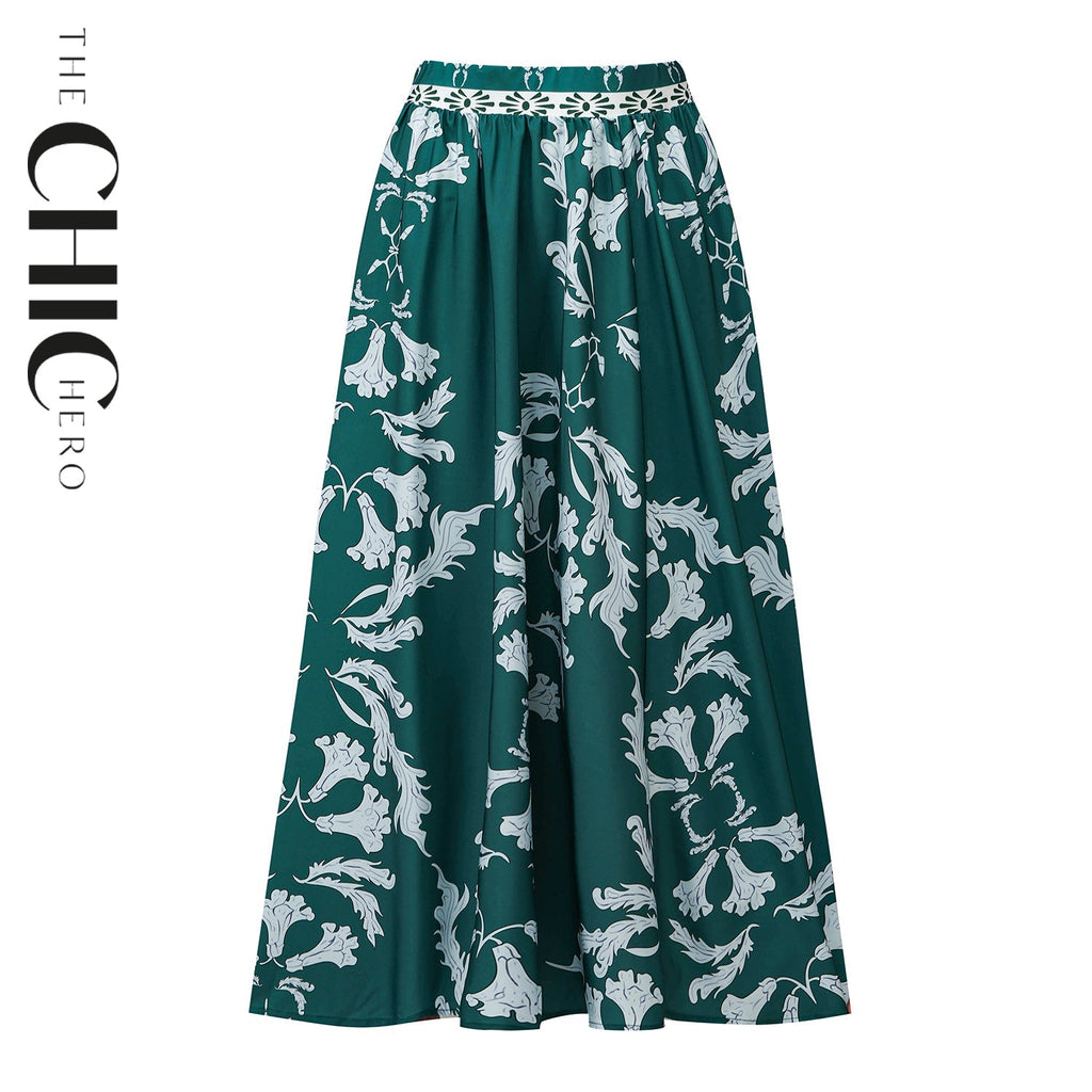 Green Flowy High-Waisted Floral Skirts