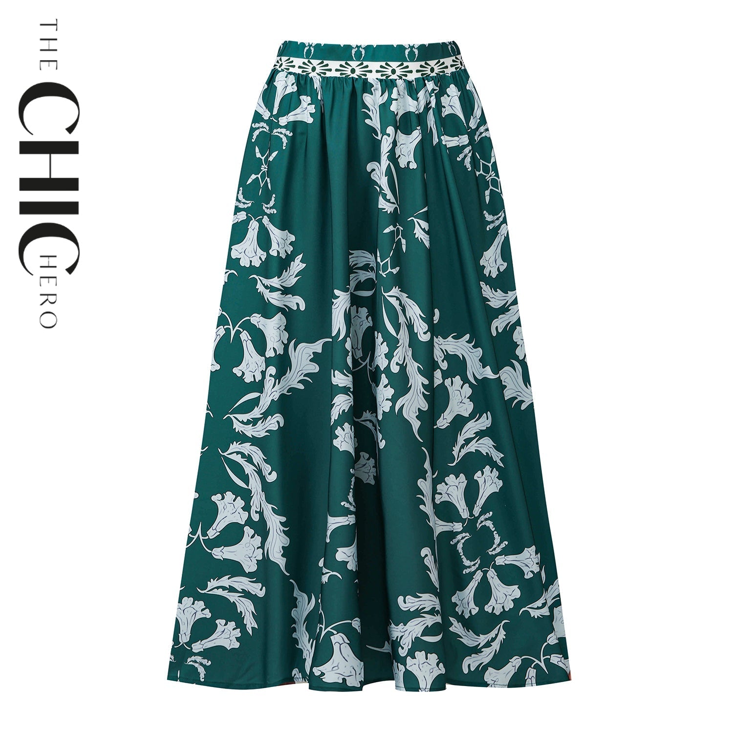 Green Flowy High-Waisted Floral Skirts