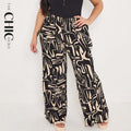 Black & Beige Statement Abstract Print Wide-Leg Drawstring Palazzo Pleated Pants