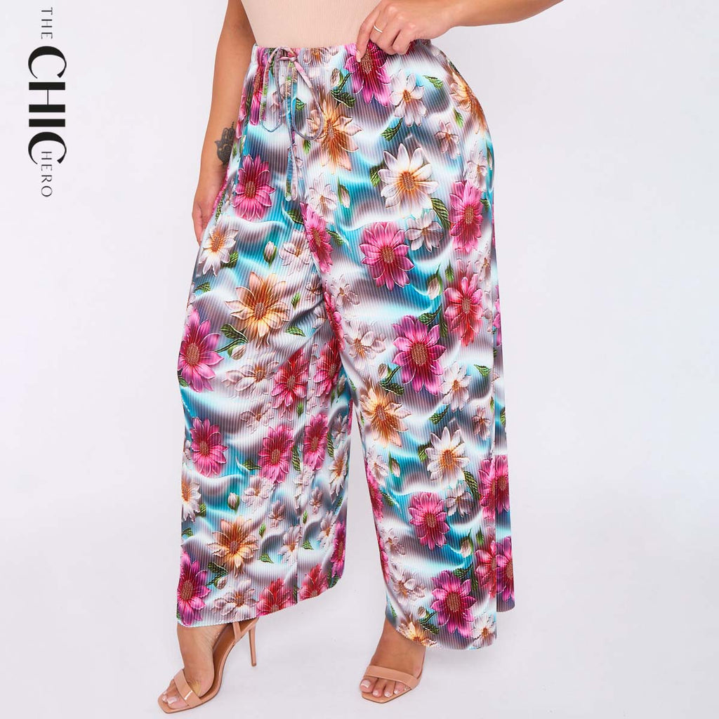 Vibrant Floral Print Abstract Wide-Leg Drawstring Palazzo Pleated Pants