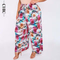 Vibrant Floral Print Abstract Wide-Leg Drawstring Palazzo Pleated Pants
