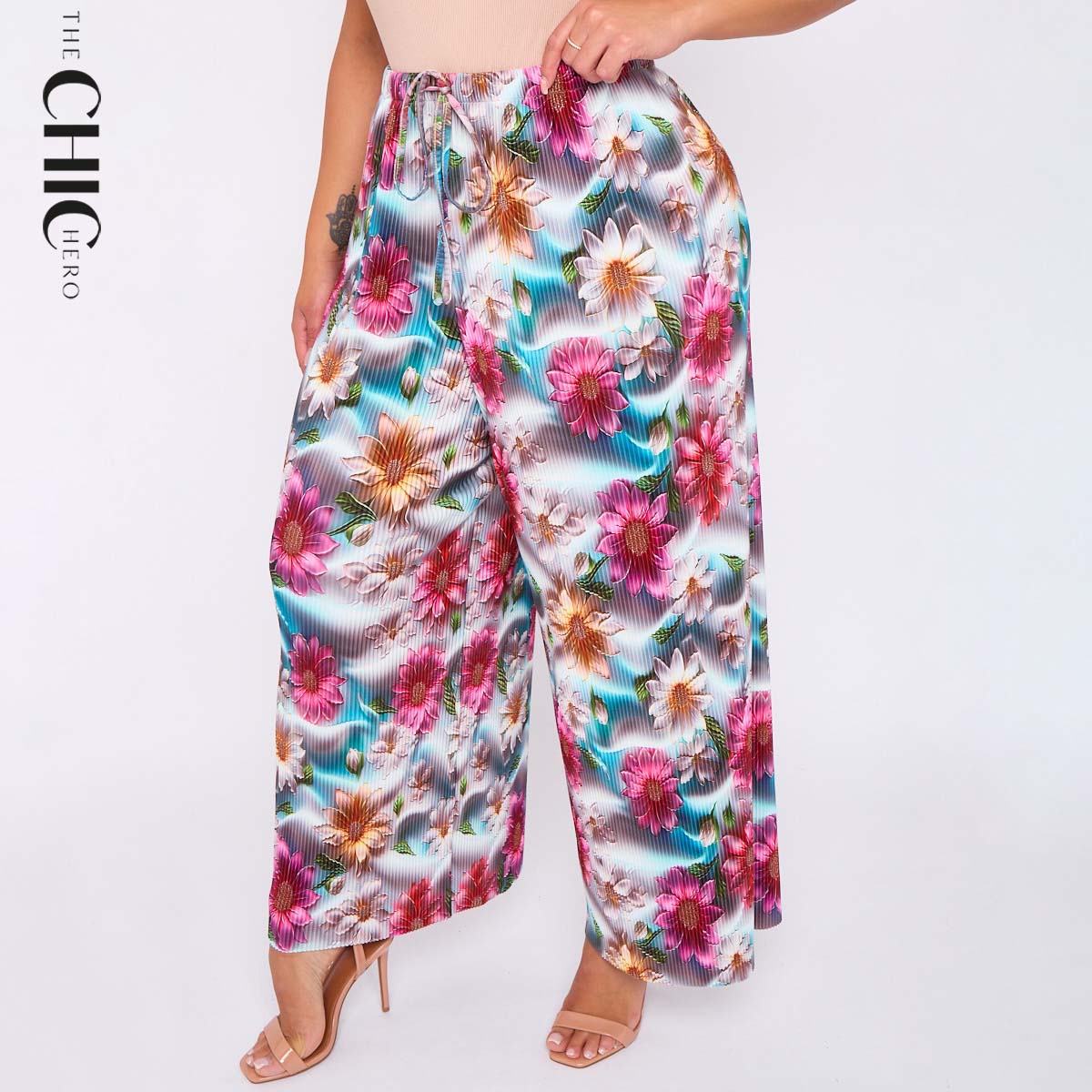 Vibrant Floral Print Abstract Wide-Leg Drawstring Palazzo Pleated Pants