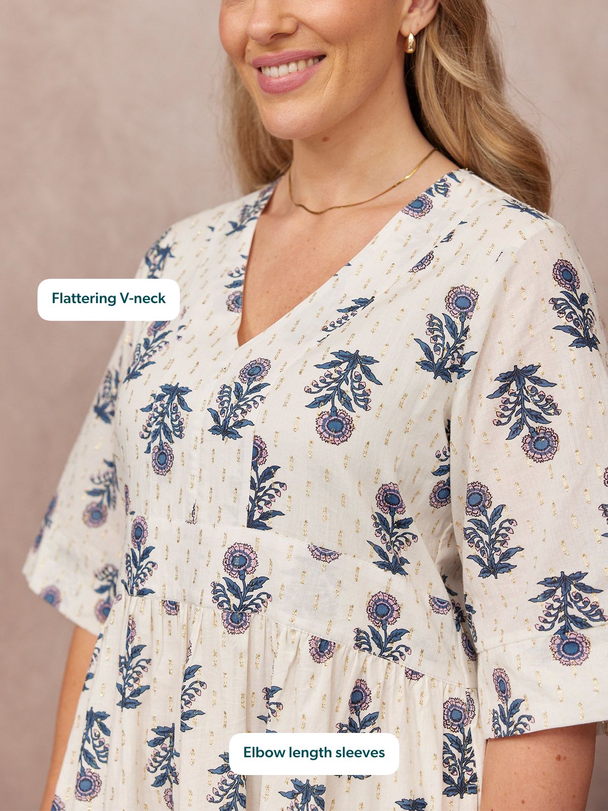 Tara Lurex Summer Dress - White & Blue Floral Print