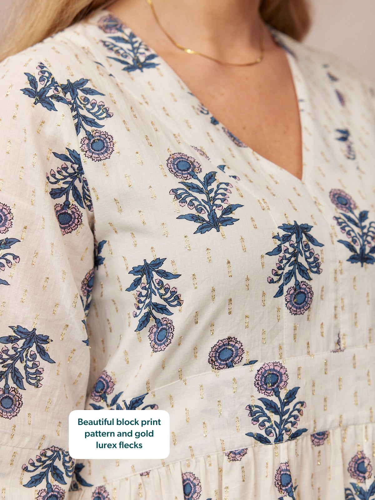 Tara Lurex Summer Dress - White & Blue Floral Print
