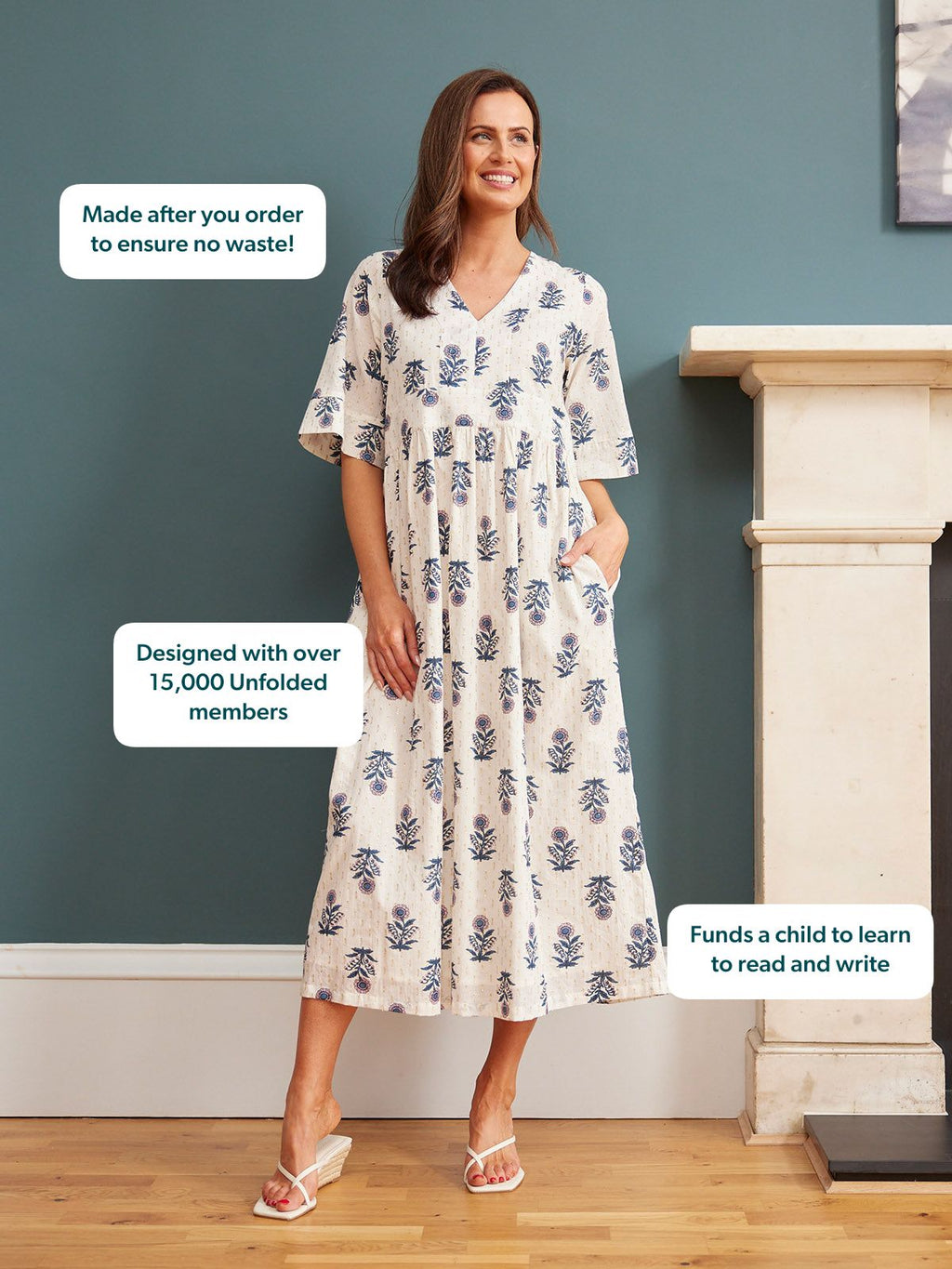 Tara Lurex Summer Dress - White & Blue Floral Print