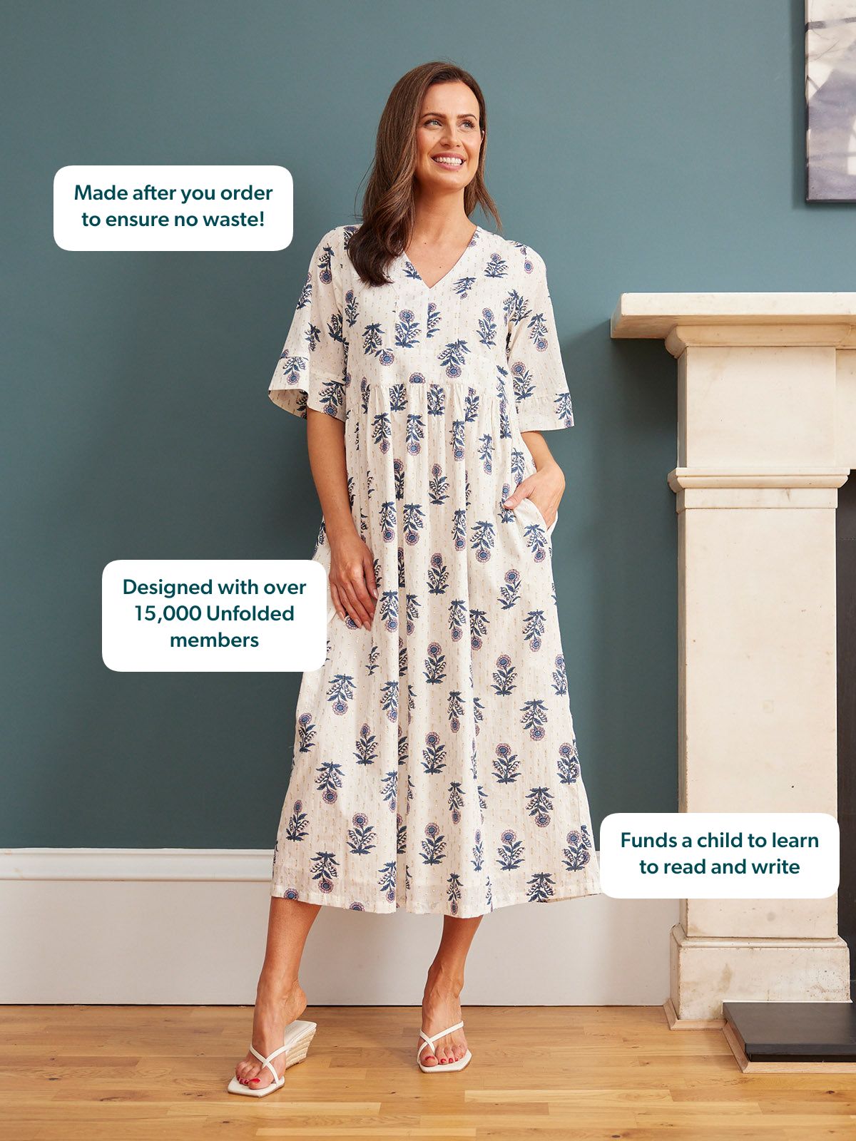 Tara Lurex Summer Dress - White & Blue Floral Print