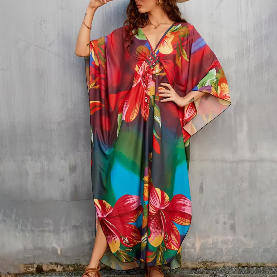 Bohemian Flower Prints Maxi Kaftan Dress