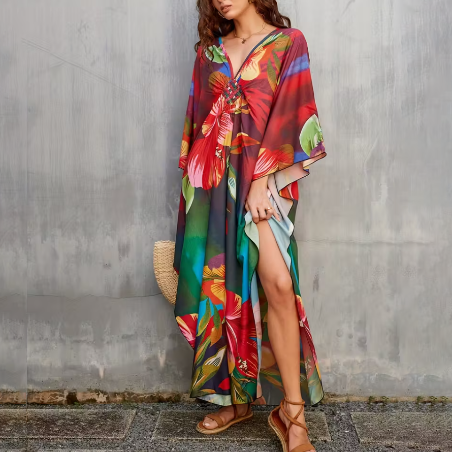 Bohemian Flower Prints Maxi Kaftan Dress